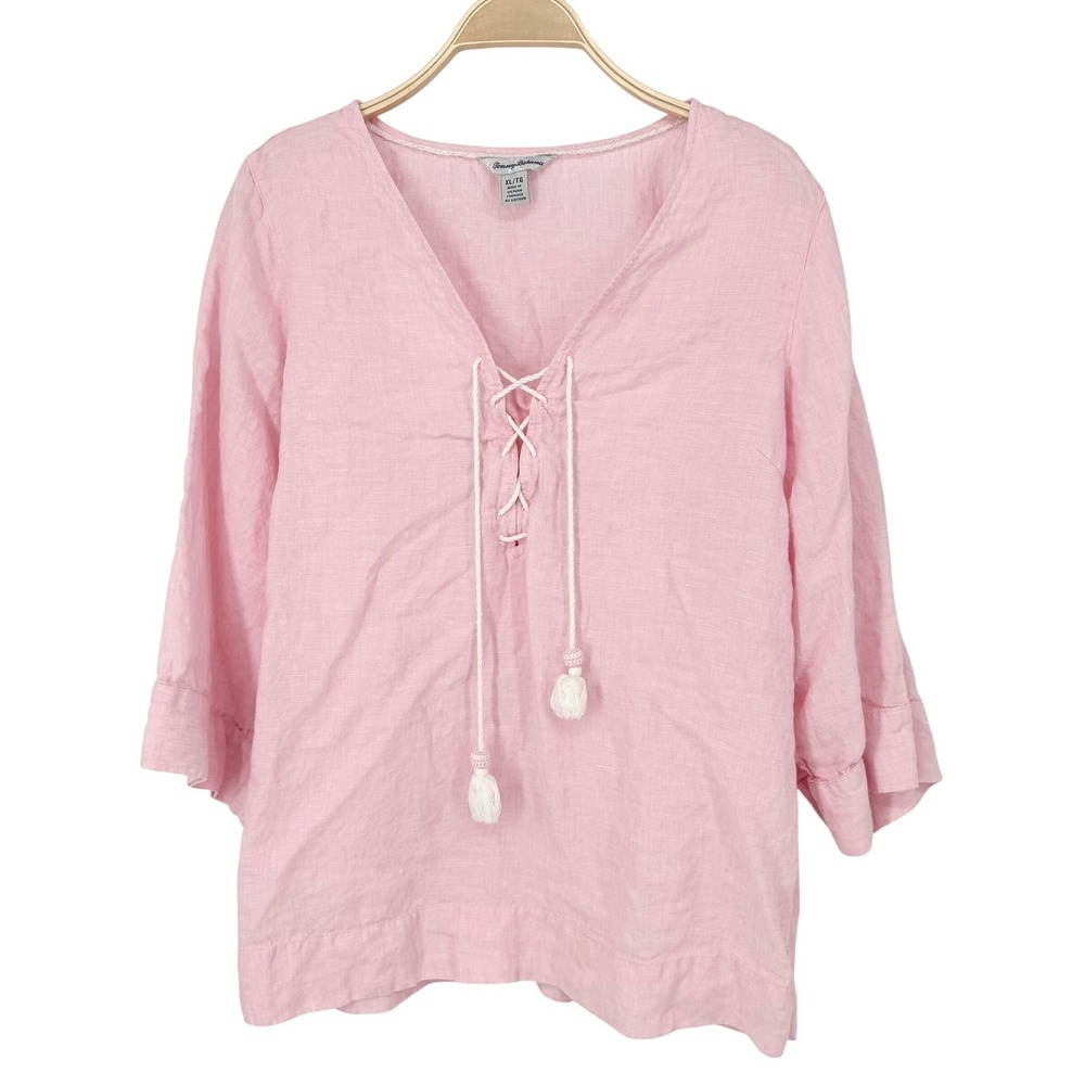 Tommy Bahama Linen Tunic Women XL Pink Excellent Lace Up Tassel 3/4 Sleeve Top